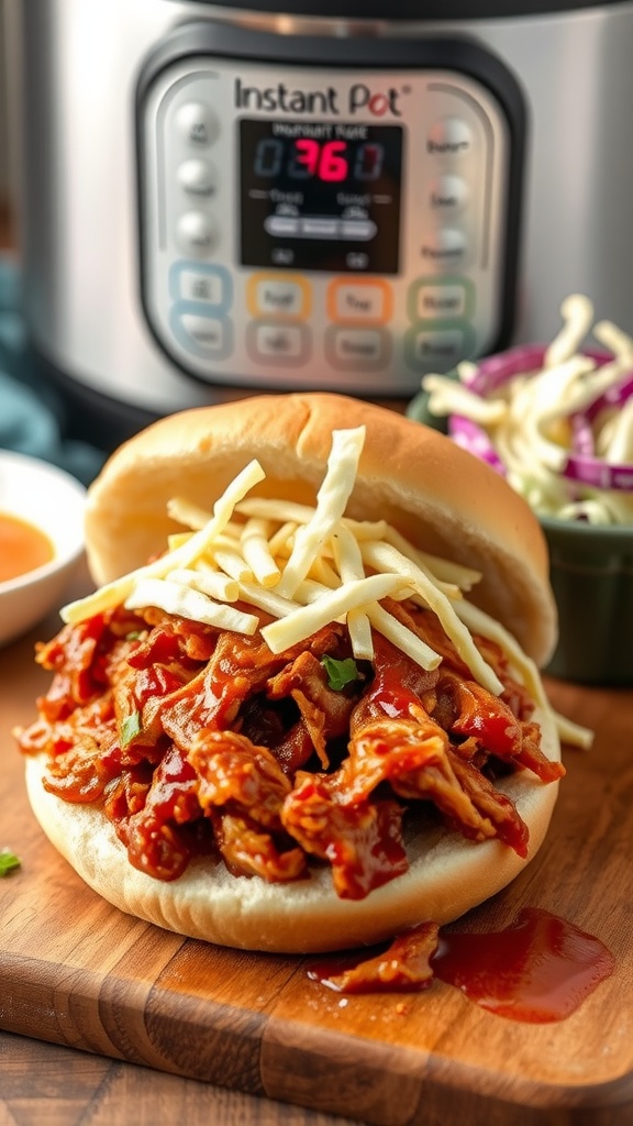 BBQ Pulled Chicken Sandwiches served on a wooden cutting board