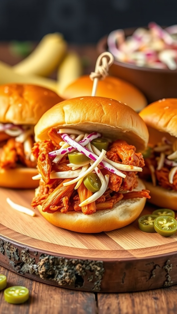 BBQ pulled chicken sliders stacked with slaw