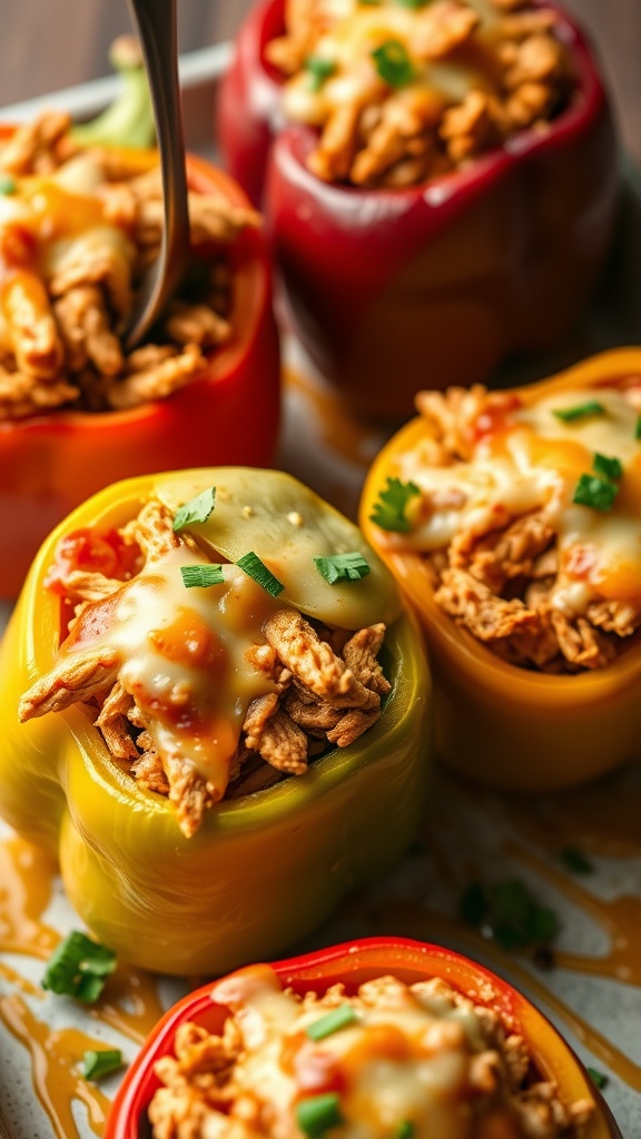 Colorful bell peppers stuffed with BBQ pulled chicken and melted cheese.