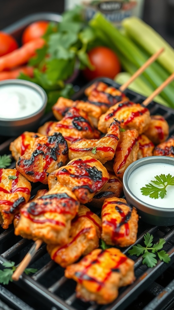 BBQ Ranch Chicken Skewers with vegetables and dipping sauce