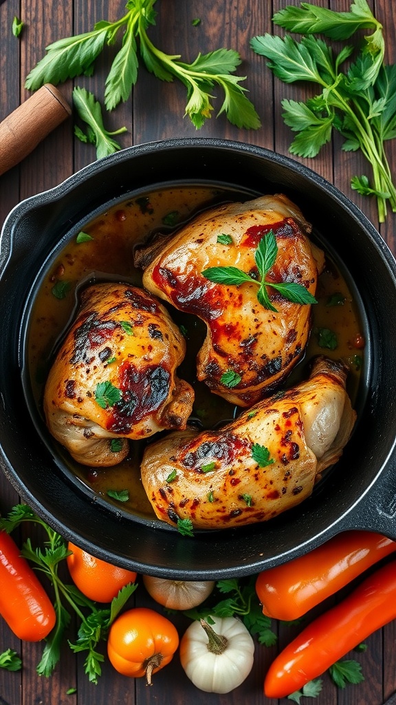 Delicious beer braised chicken thighs in a black skillet with fresh herbs and colorful peppers around.