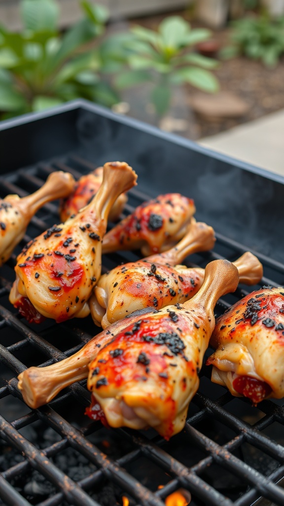 Grilled chicken legs marinated in beer, served on a grill.