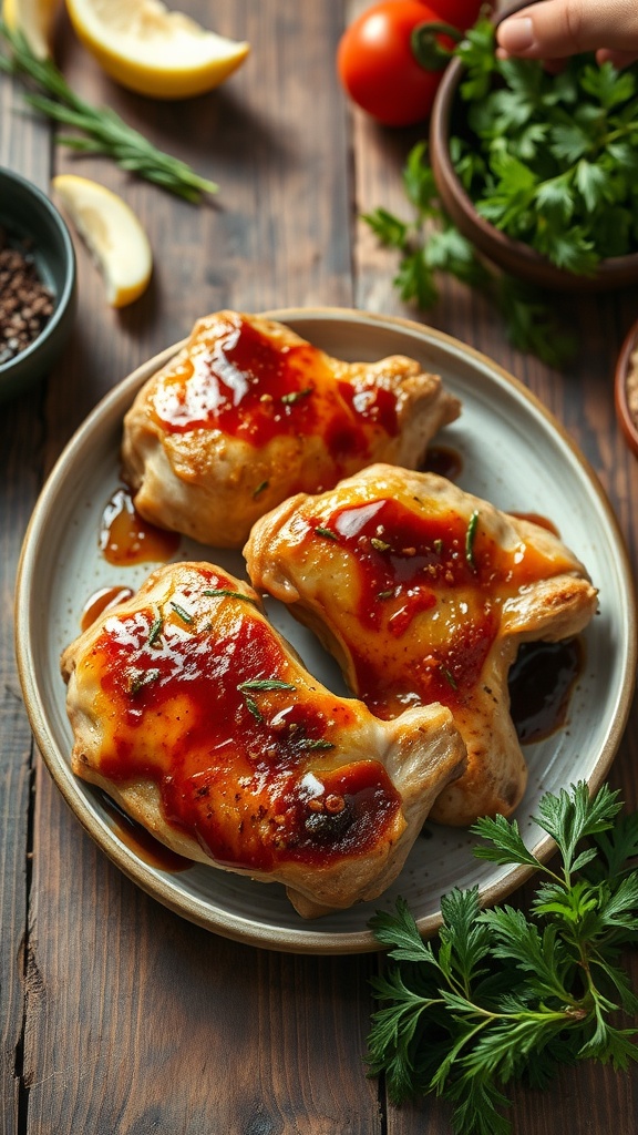 Plate of brown sugar garlic chicken thighs garnished with parsley