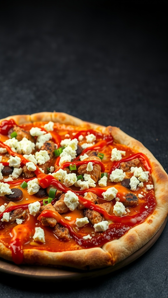 Delicious buffalo BBQ chicken pizza topped with blue cheese and green onions.