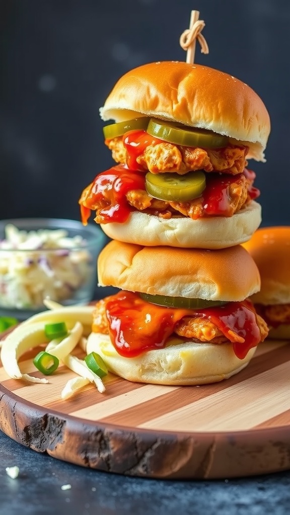 Buffalo BBQ chicken sliders stacked with sauce and pickles