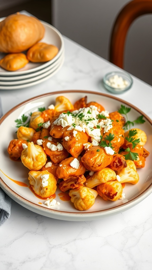Delicious Buffalo Chicken and Cauliflower Bake served with cheese and fresh parsley.