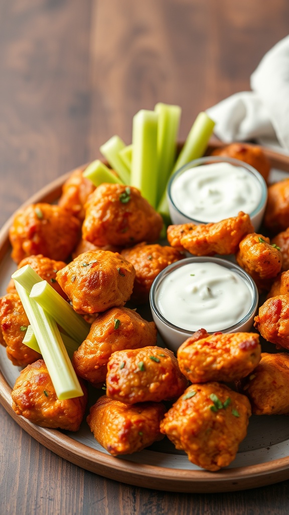 A plate of buffalo chicken bites served with celery and dipping sauce.