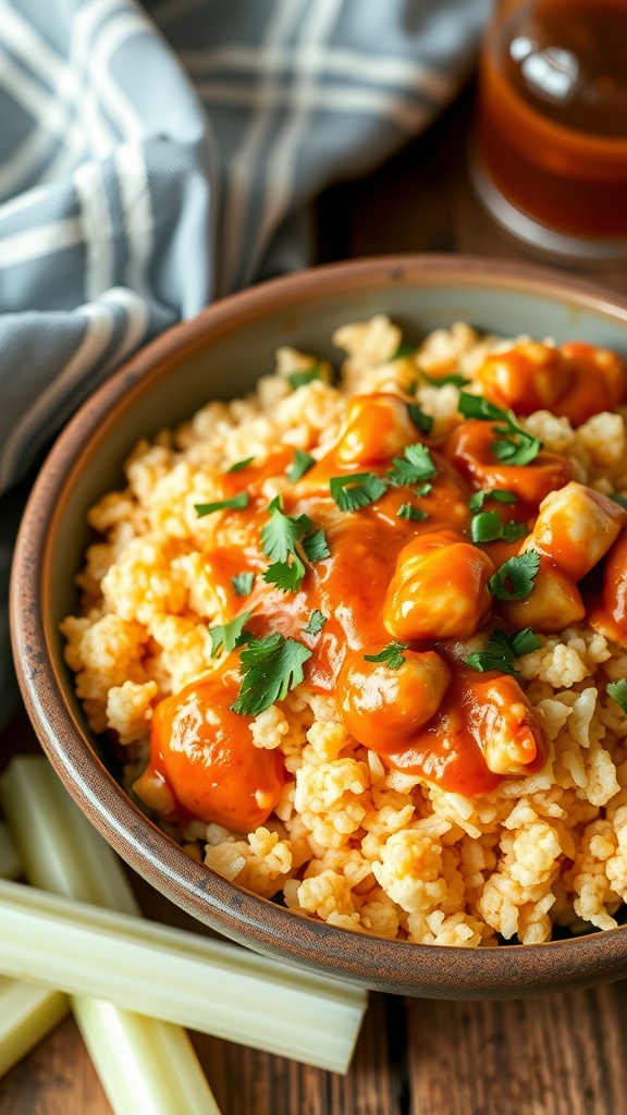 A bowl of buffalo chicken cauliflower rice topped with green onions and served with celery sticks