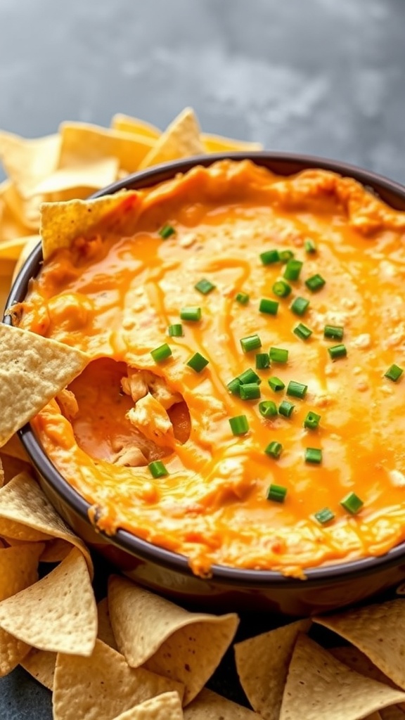 Buffalo chicken dip served in a bowl with tortilla chips