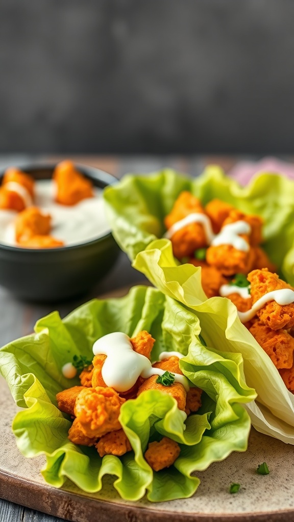 Buffalo chicken lettuce wraps with ranch dressing and green onions