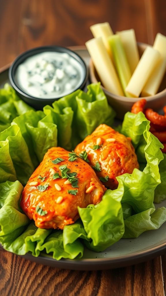 Buffalo chicken lettuce wraps with celery sticks and ranch dressing