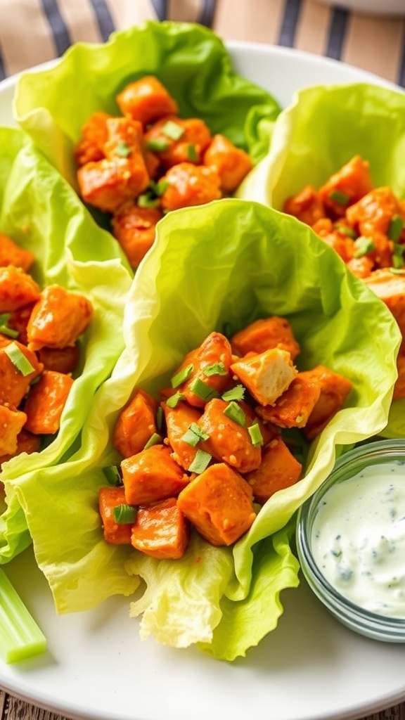 Buffalo Chicken Lettuce Wraps with blue cheese and dressing