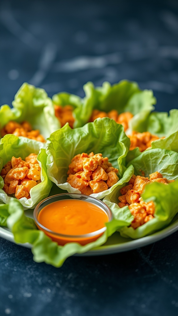 A plate of buffalo chicken lettuce wraps with a side of dipping sauce.