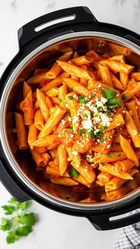 A bowl of creamy buffalo chicken pasta topped with herbs.