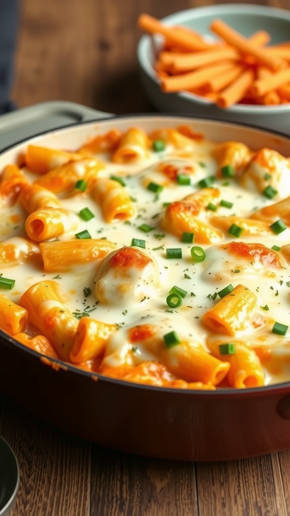 A delicious buffalo chicken pasta bake topped with cheese and green onions