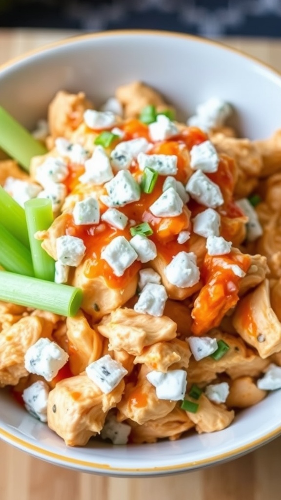 A vibrant bowl of Buffalo Chicken Salad with celery and blue cheese