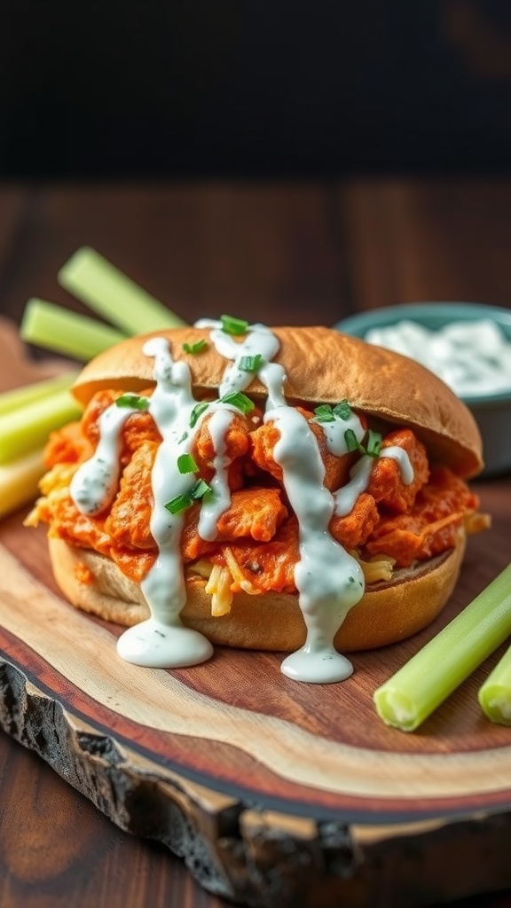 Buffalo chicken sandwich with blue cheese dressing and celery on a wooden board