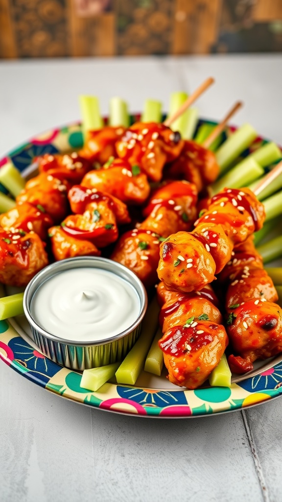 A plate of grilled buffalo chicken skewers with dipping sauce and celery sticks.
