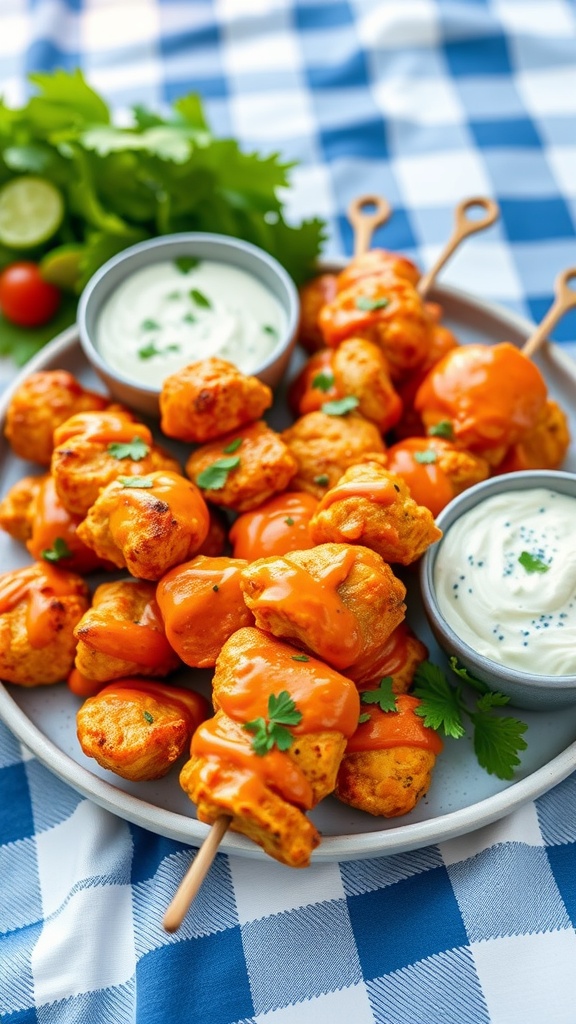 Buffalo Chicken Skewers with Blue Cheese Dip