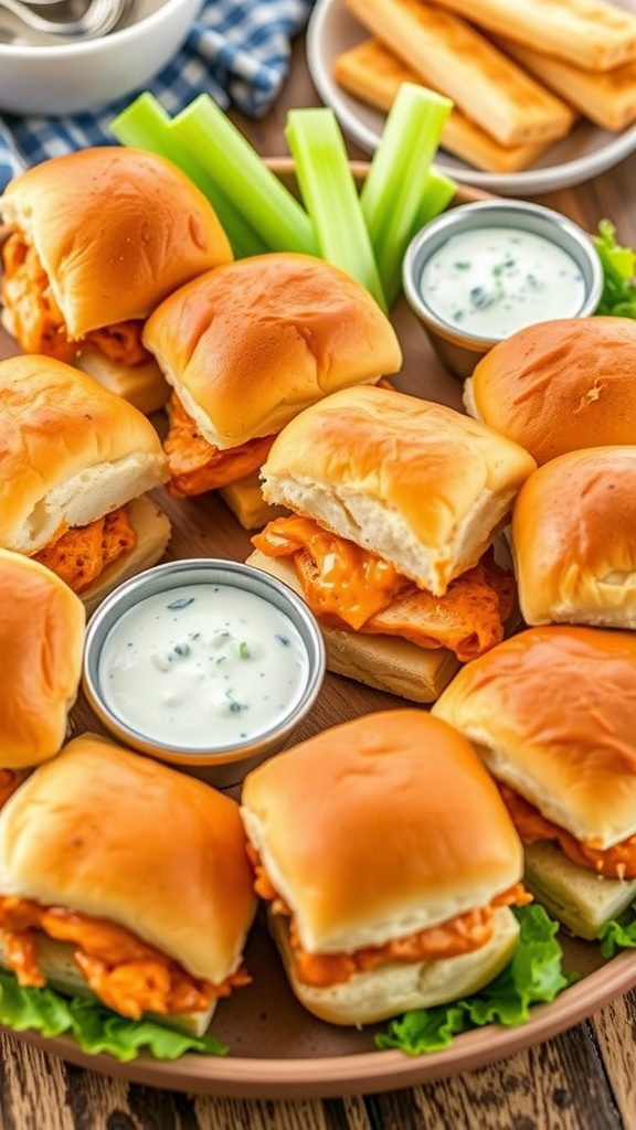 Buffalo Chicken Sliders with celery sticks and dipping sauce