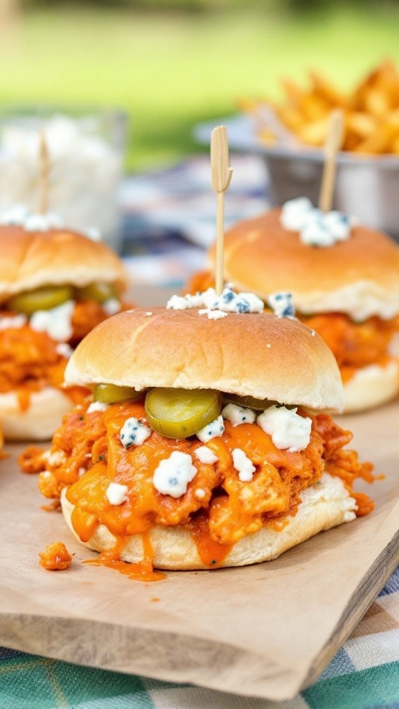 Buffalo chicken sliders on a wooden table with pickles on top