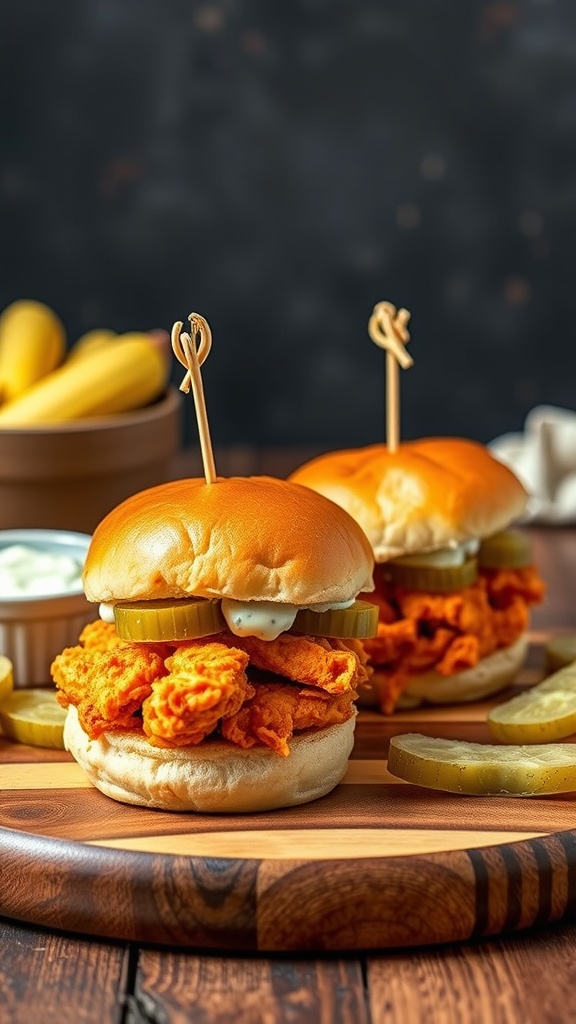 Buffalo chicken sliders on a wooden board, garnished with pickles and served with a side of dipping sauce.