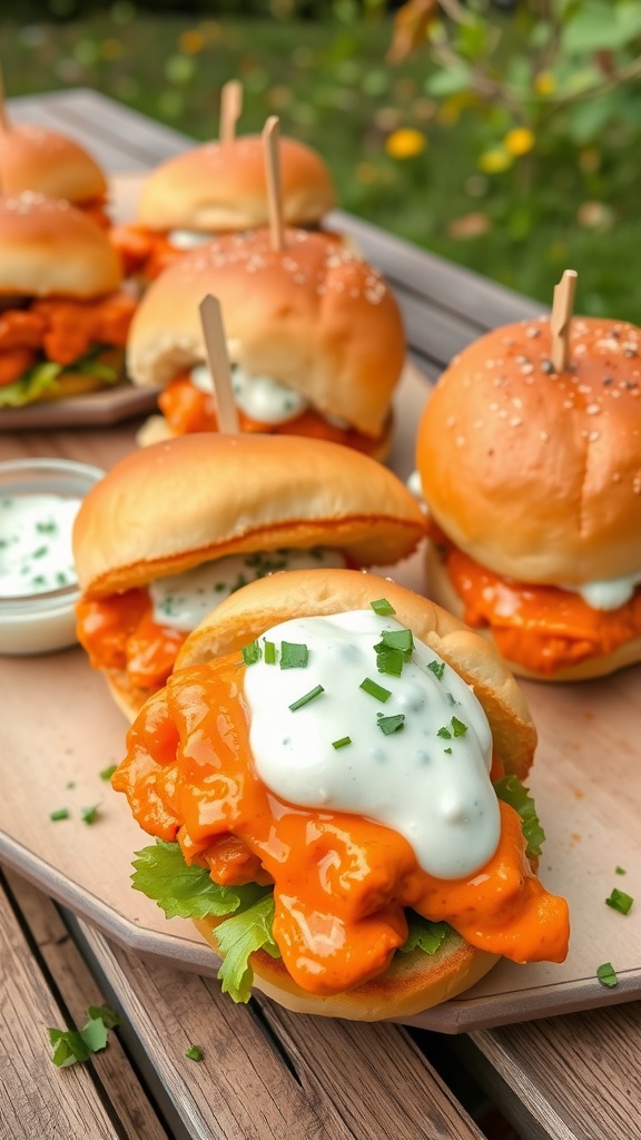 Buffalo chicken sliders with blue cheese dressing on a wooden platter