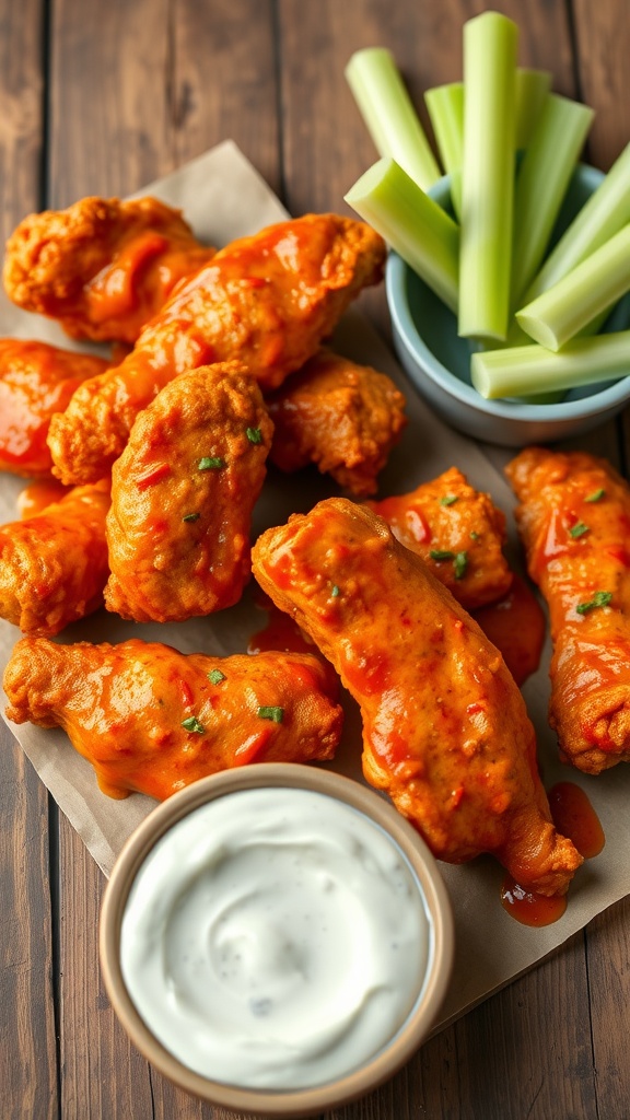 Buffalo chicken tenders served with blue cheese dip and celery sticks.