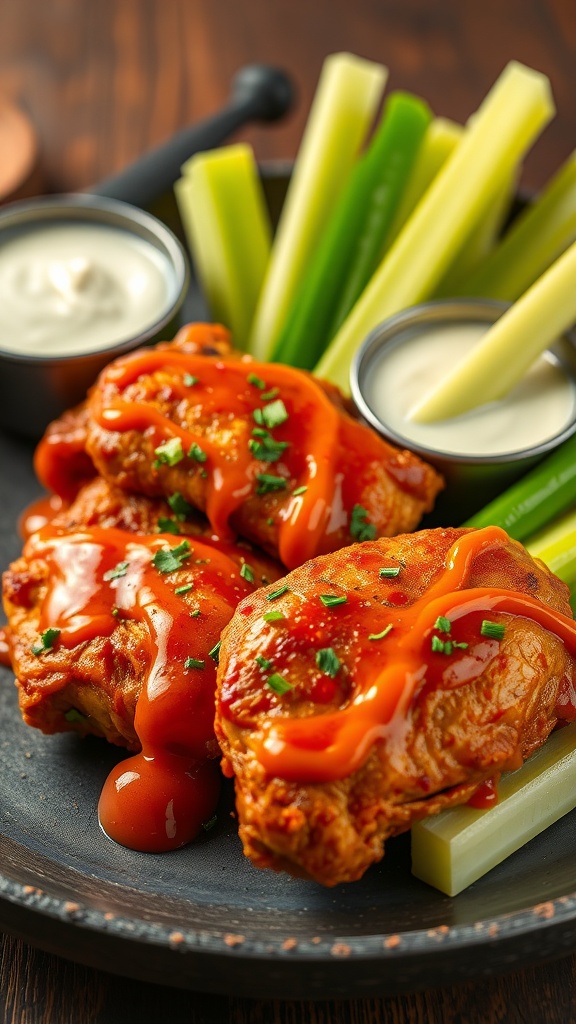 Buffalo chicken thighs drizzled with sauce and served with celery sticks