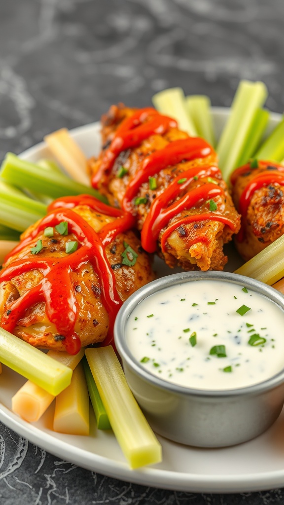 Buffalo Chicken Thighs served with celery sticks and ranch dressing