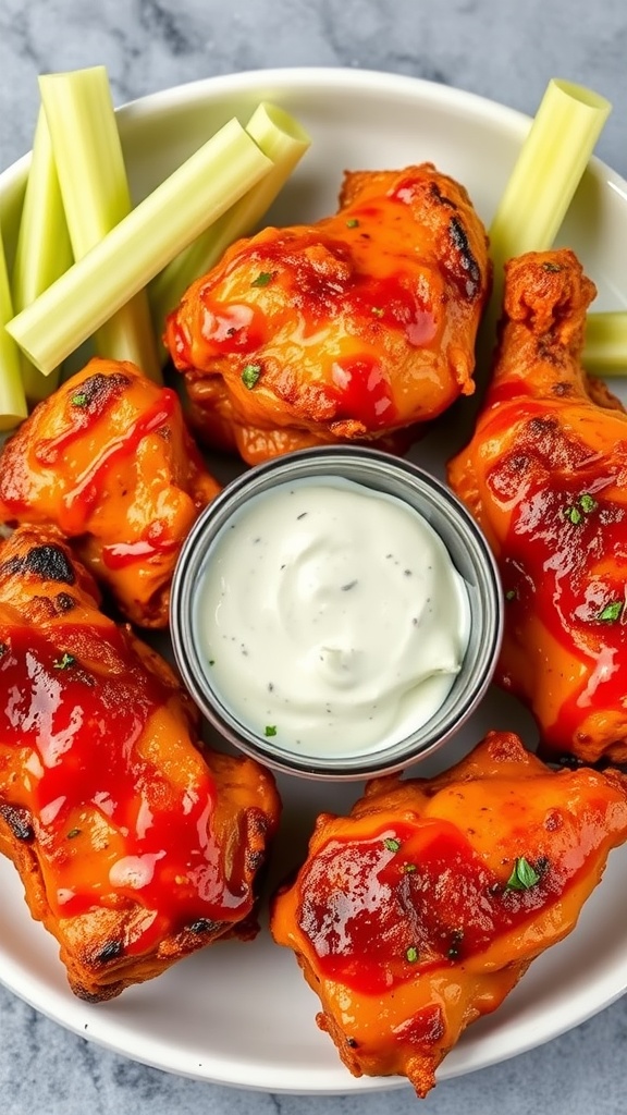 Buffalo chicken thighs with blue cheese dip served on a plate with celery sticks.