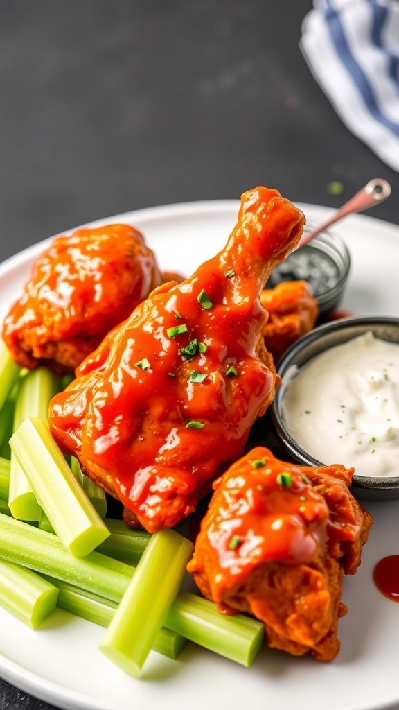 Buffalo chicken thighs served with blue cheese dip and celery sticks.