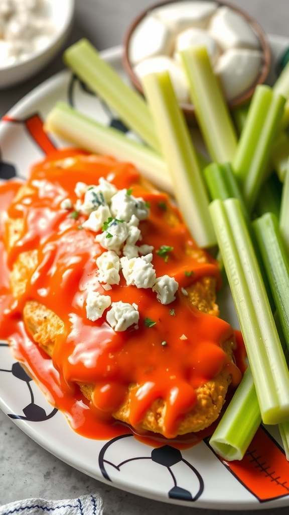 Buffalo chicken breast stuffed with blue cheese and topped with sauce, served with celery sticks.