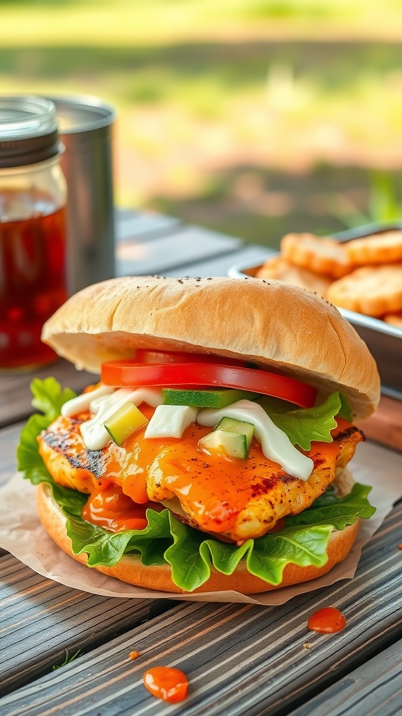 A delicious buffalo grilled chicken sandwich with lettuce, tomato, cucumber, and sauce on a wooden table.