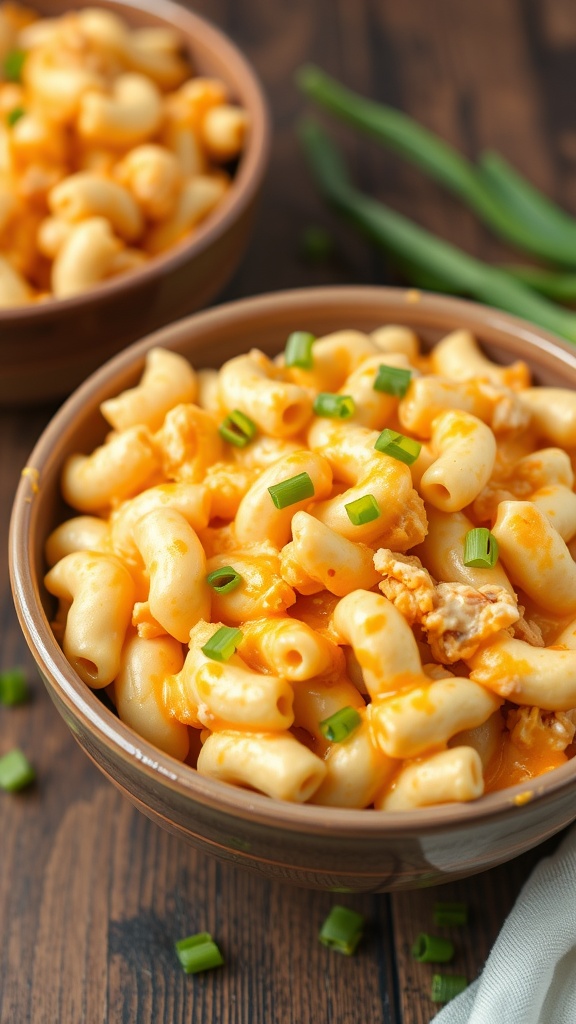 A bowl of Buffalo Pulled Chicken Mac and Cheese topped with green onions.