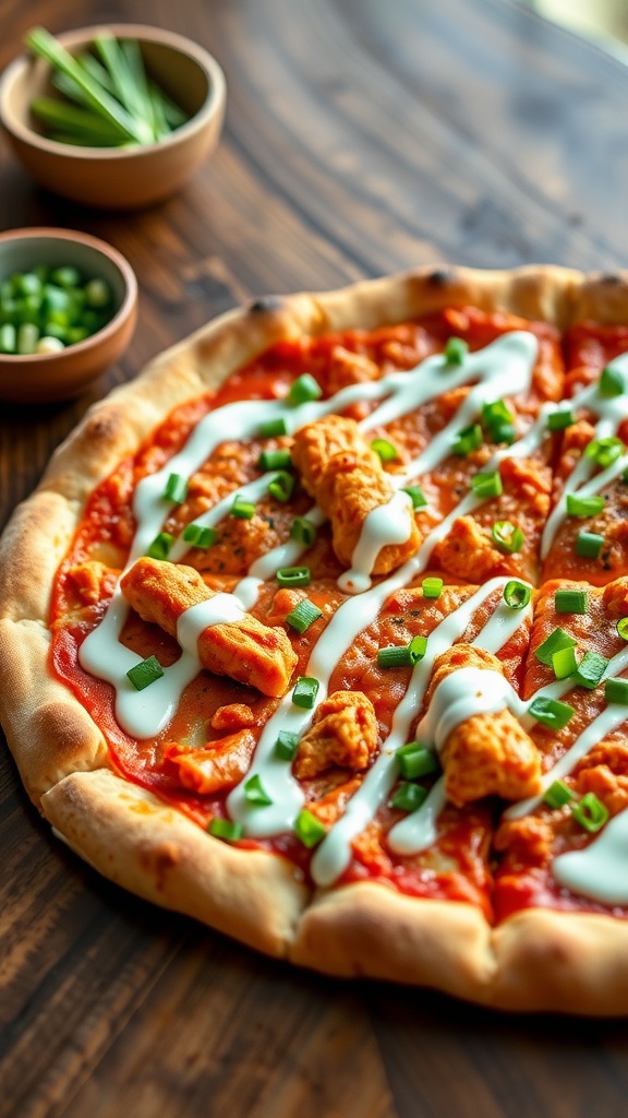 A delicious buffalo ranch chicken pizza topped with cheese, chicken, and green onions.