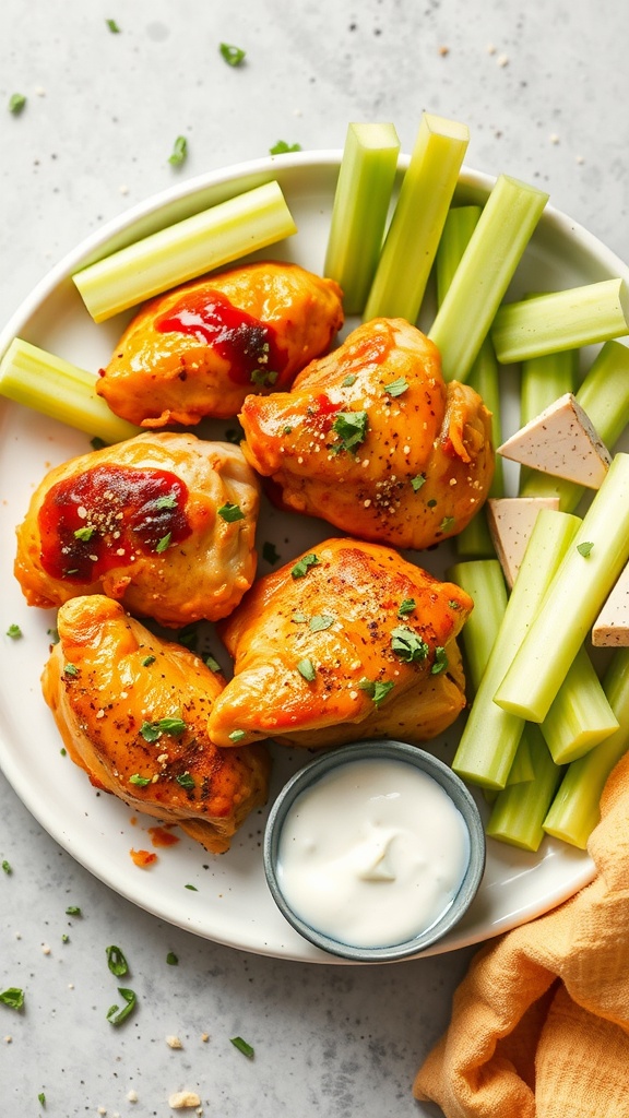 A plate of Buffalo Ranch Chicken Thighs served with celery sticks and ranch dressing