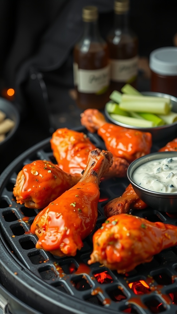 Buffalo style grilled chicken legs with a spicy sauce, served with celery and ranch dressing.