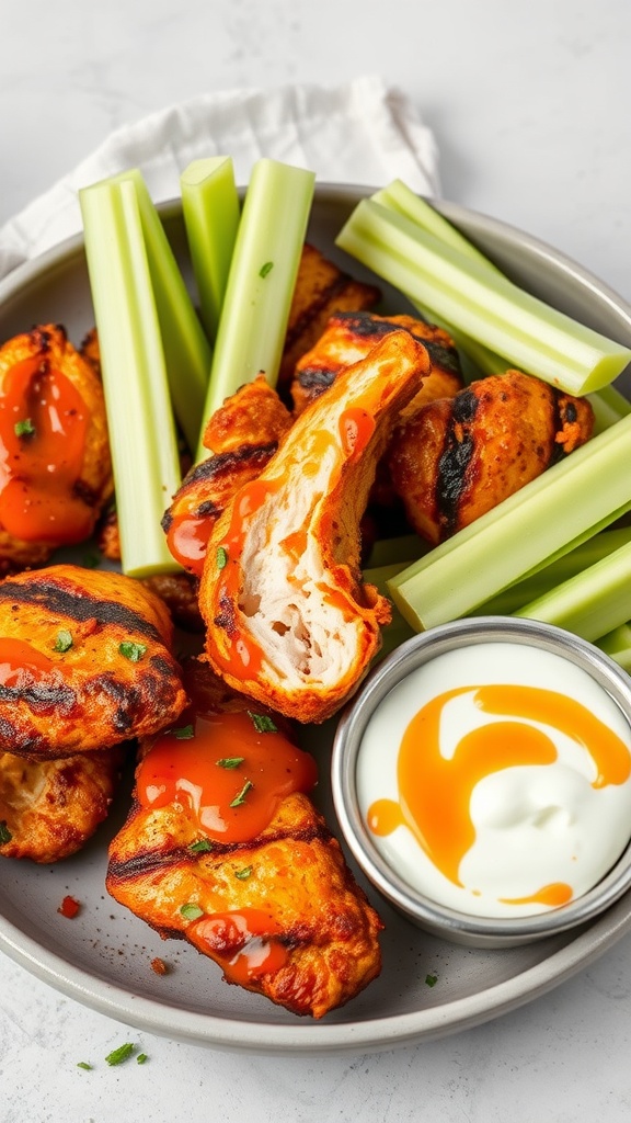 Buffalo style grilled chicken strips with celery sticks and dipping sauce