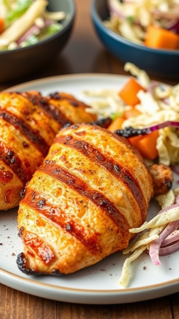 Grilled buttermilk marinated chicken breast on a plate with salad.