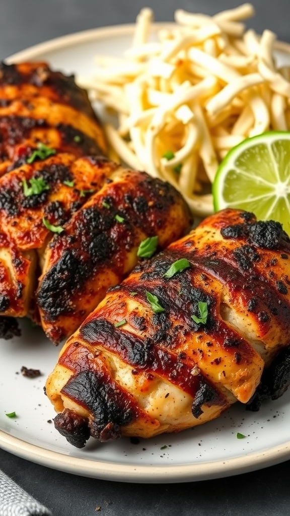 Cajun blackened chicken served with lime and noodles