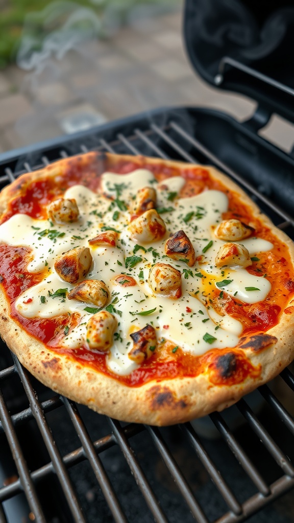 A delicious Cajun chicken pizza with melted cheese and colorful toppings.