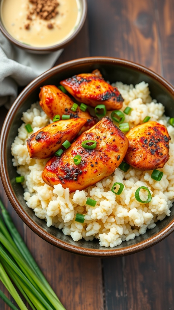 A flavorful Cajun Chicken Cauliflower Rice Bowl with seasoned chicken on fluffy cauliflower rice.