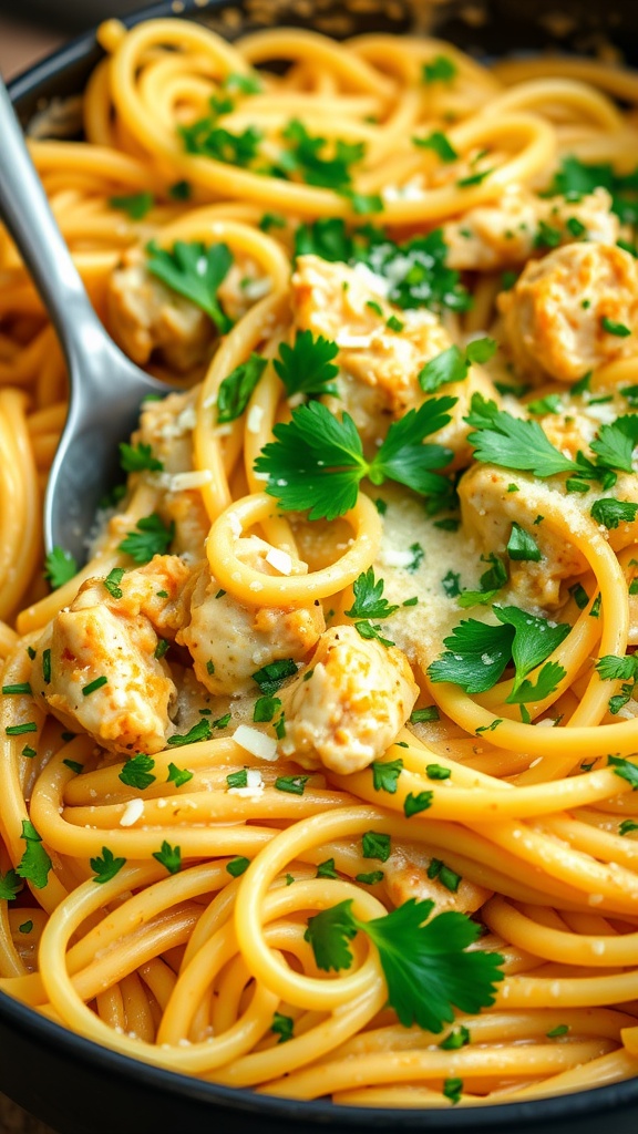 A bowl of creamy Cajun chicken pasta topped with parsley.