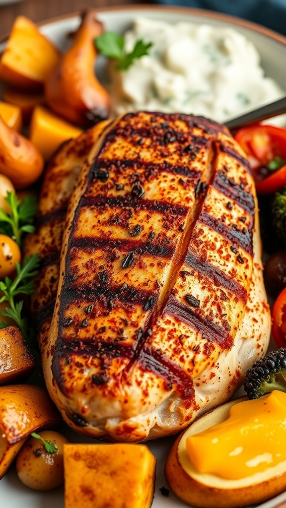 Grilled turkey breast seasoned with Cajun spices served with vegetables.