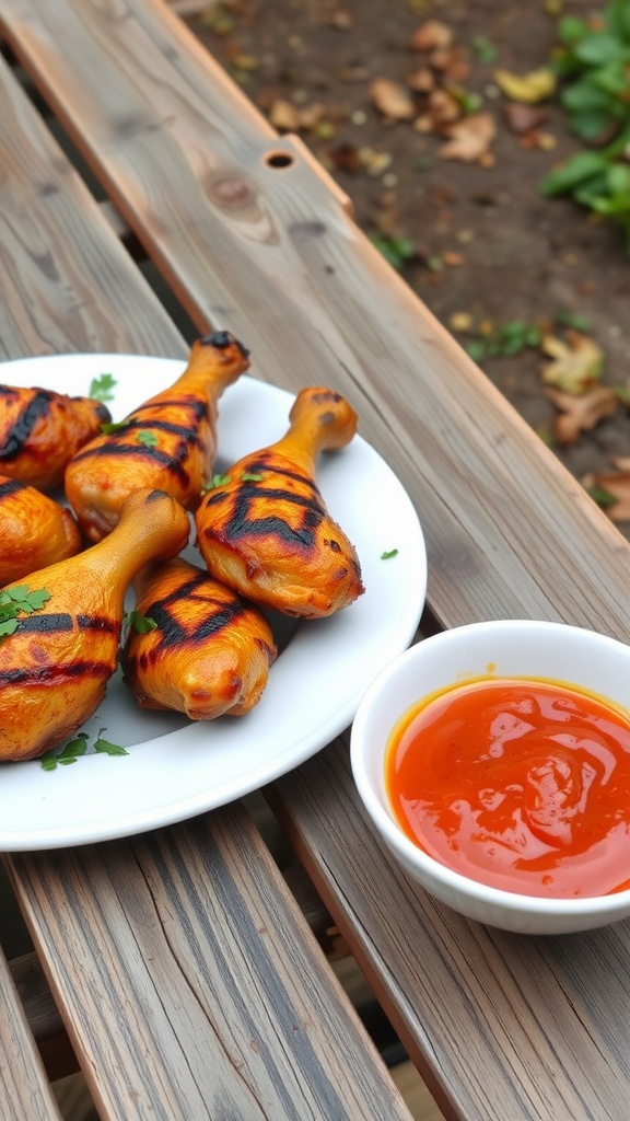 Cajun spiced grilled chicken drumsticks on a plate with a side of sauce.