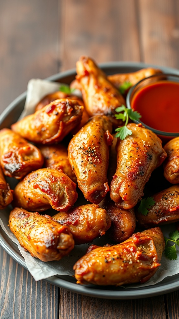 A plate of Cajun spiced chicken wings with a dipping sauce.