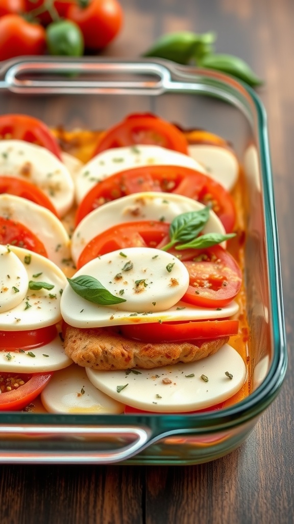 A delicious Caprese Chicken Casserole topped with mozzarella, tomatoes, and basil.