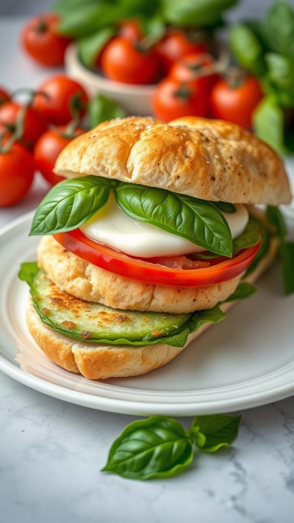 A delicious Caprese Chicken Sandwich with grilled chicken, mozzarella, tomatoes, and basil.