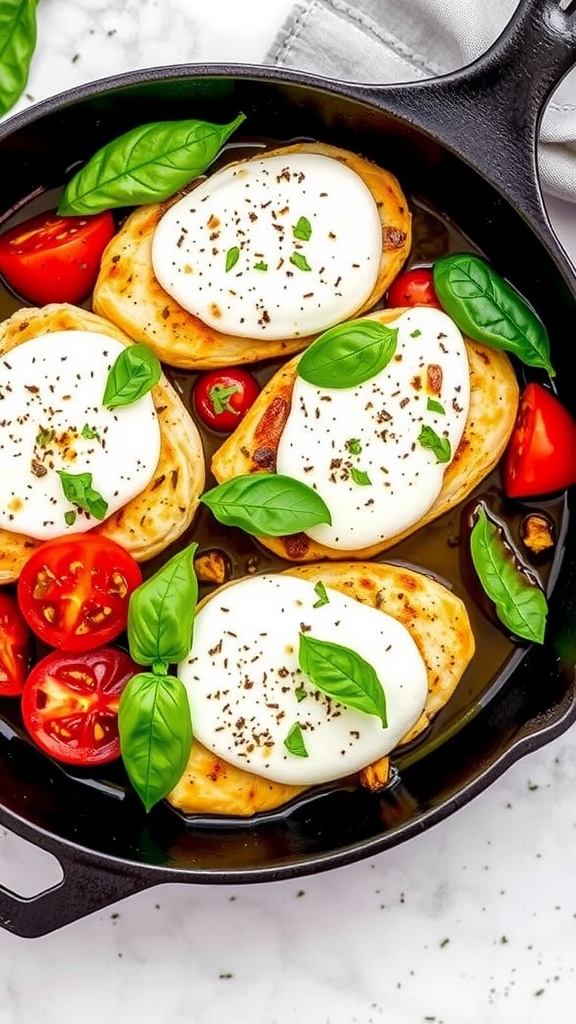 A delicious skillet dish featuring chicken breasts topped with mozzarella, cherry tomatoes, and basil.